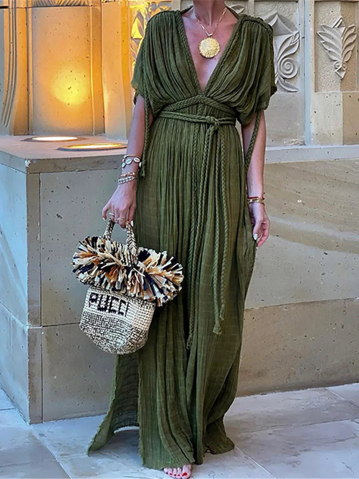 Solid Split Pleated Bandage Long Dress