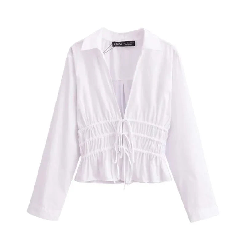 White Ruffle Tied Long Sleeve Women's Blouse