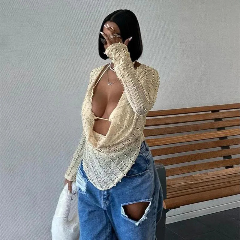 White Deep Cowl Neck Long Sleeve Top