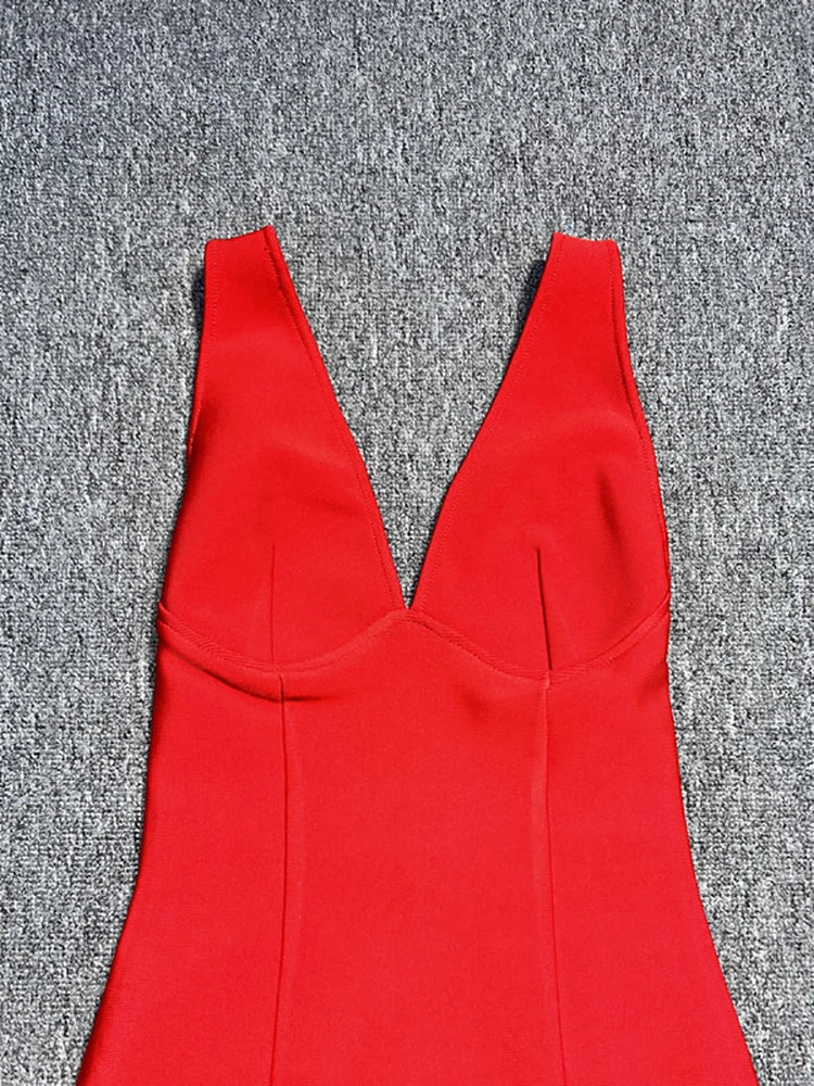 Deep V Neck Red Sleeveless Bodycon Long Dress