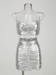 2 Piece Silvery Crop Top and High Waist Mini Skirts