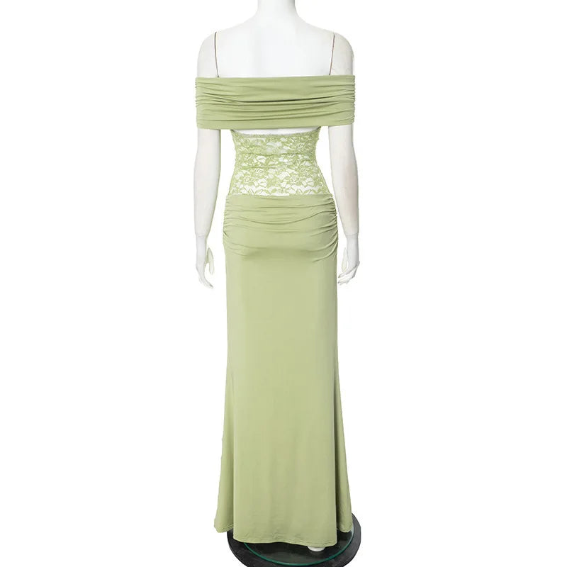 Off-shoulder Strapless Green Lace Sheer Long Dress