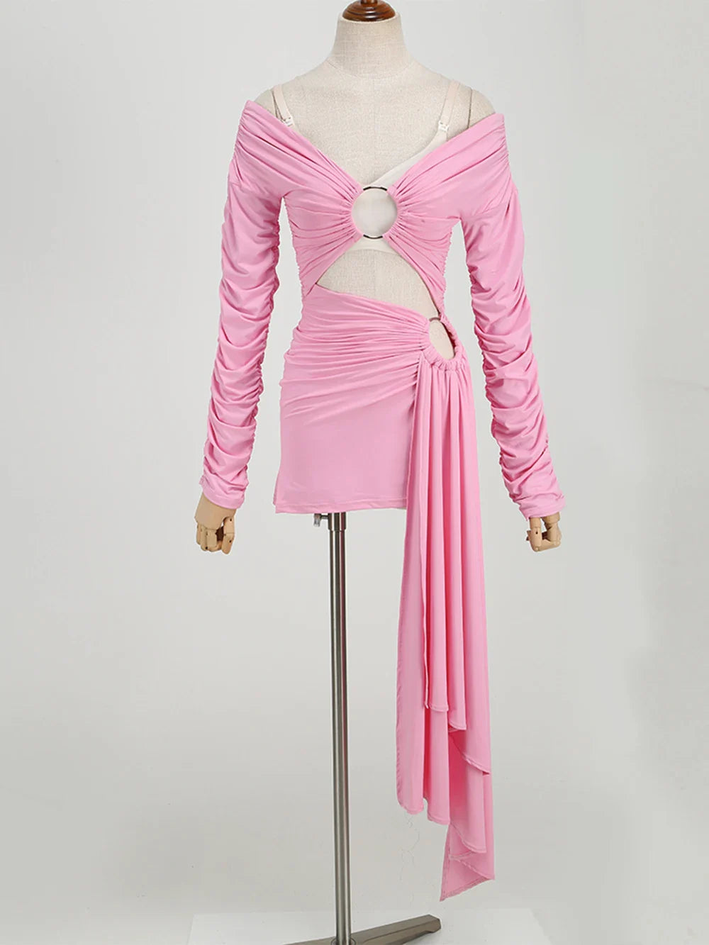 Pink Hollow Out Long Sleeved V-Neck Mini Dress
