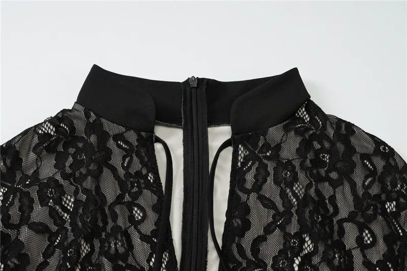Mesh Lace Ruffled Black Hollow Out Long Dress