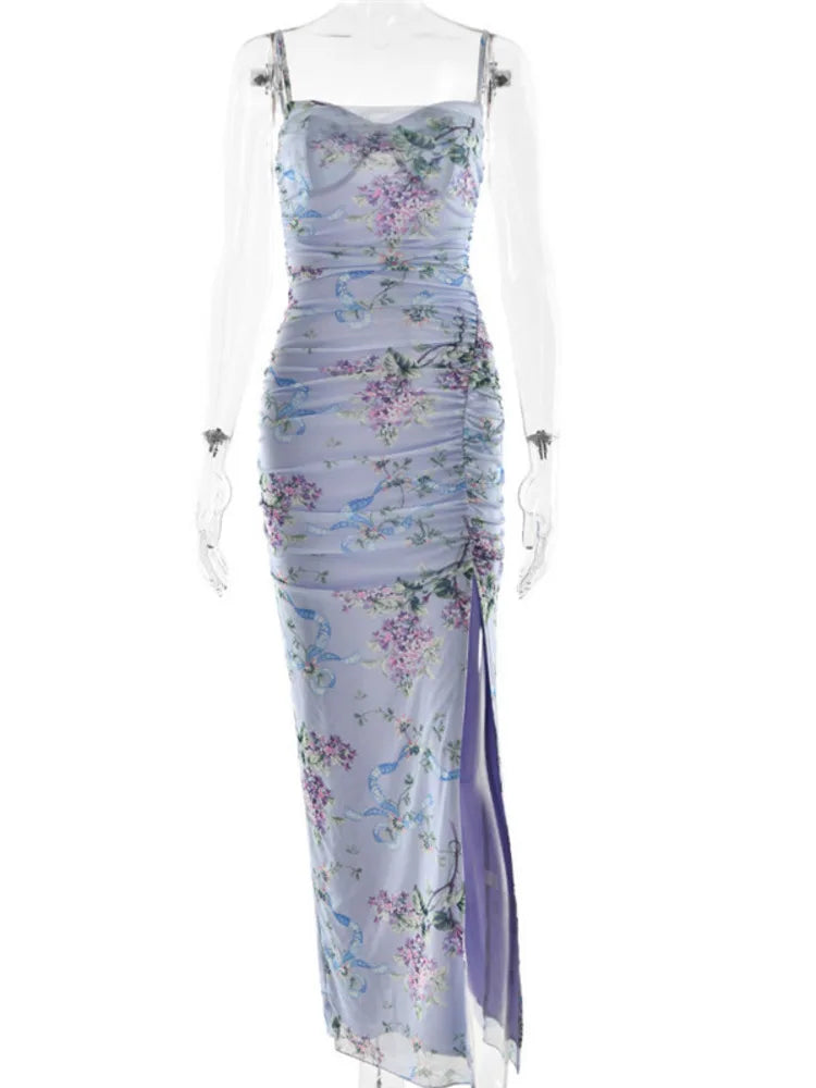 Floral Print Mesh Zipper Spaghetti Strap Long Dress
