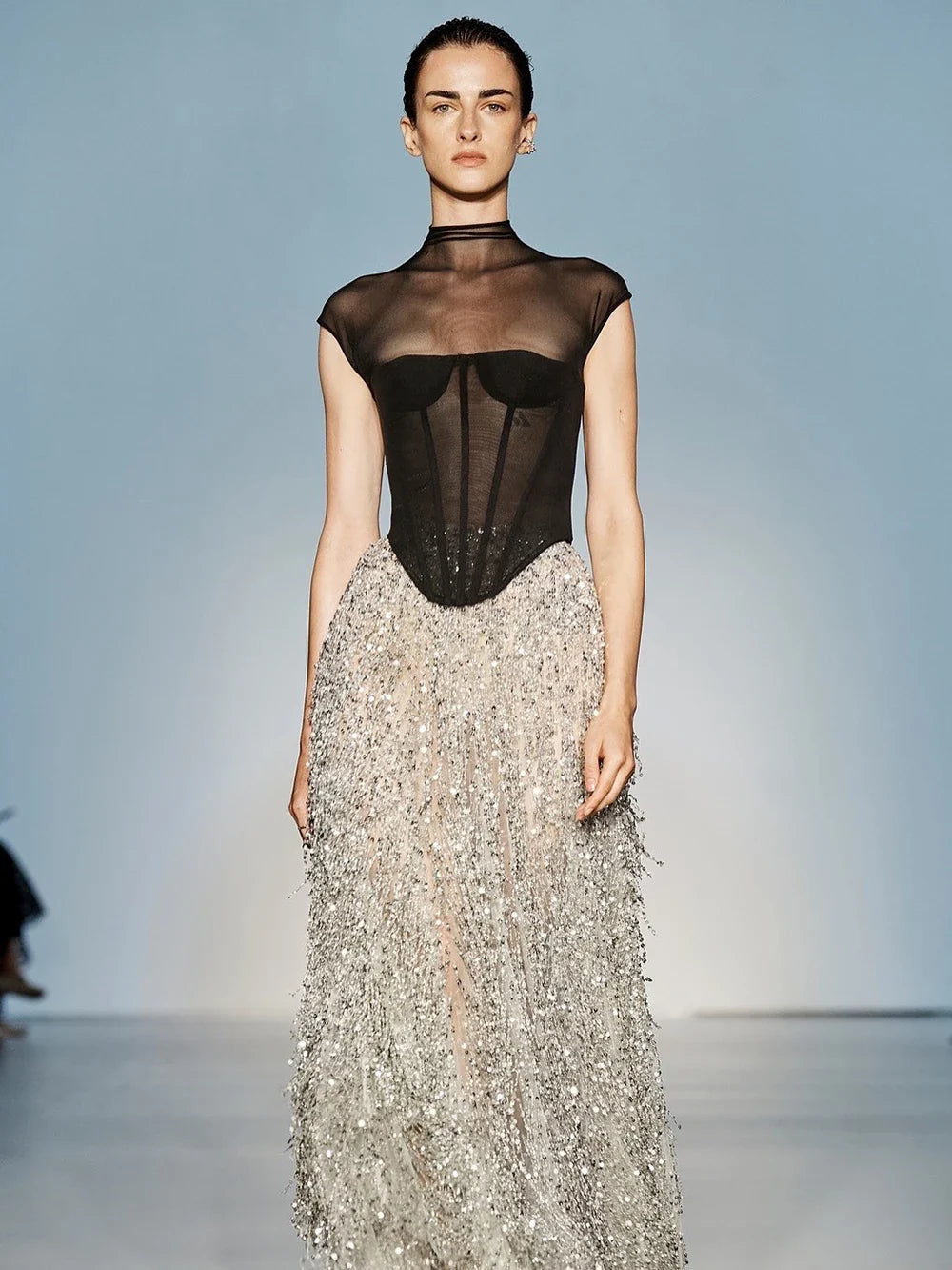 Black Fishbone Top Sequin Mesh Long Skirt Set