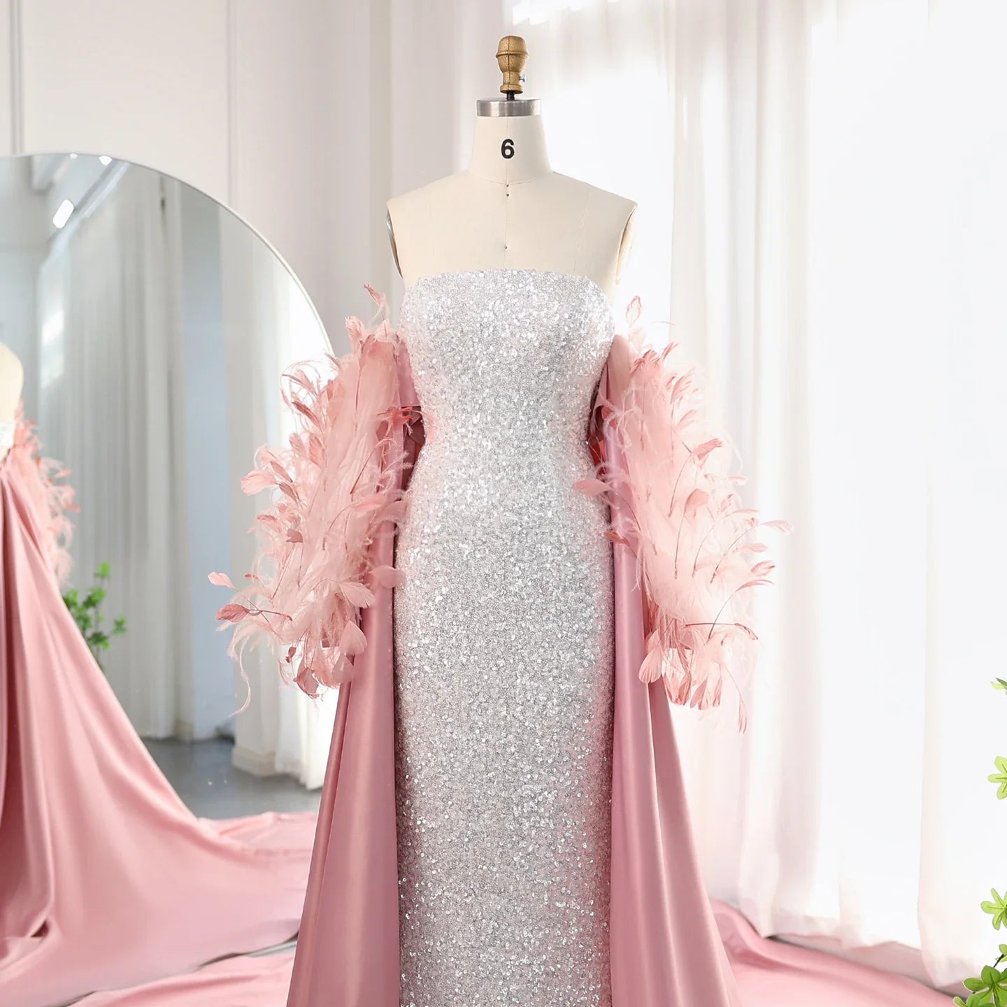 White Sequin Mermaid Evening Gown with Feather Cape
