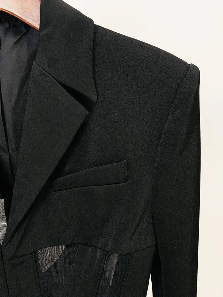 Perspective Gauze Patchwork Blazer Pencil Pant Suit