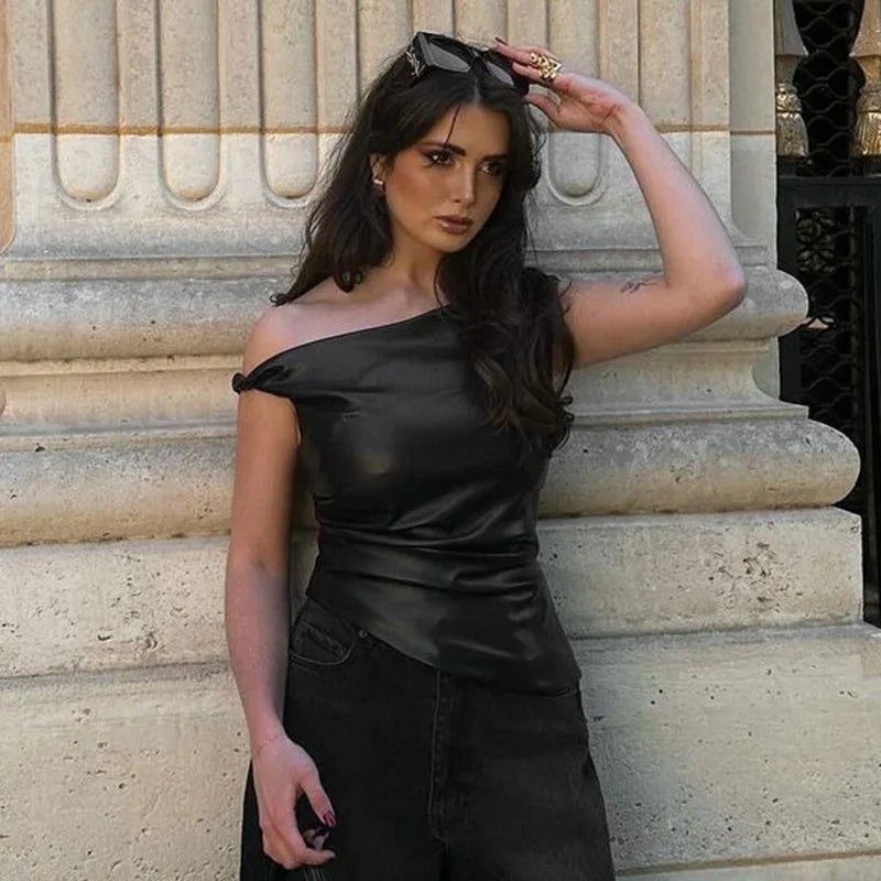 Skew Collar Leather Pleated Top