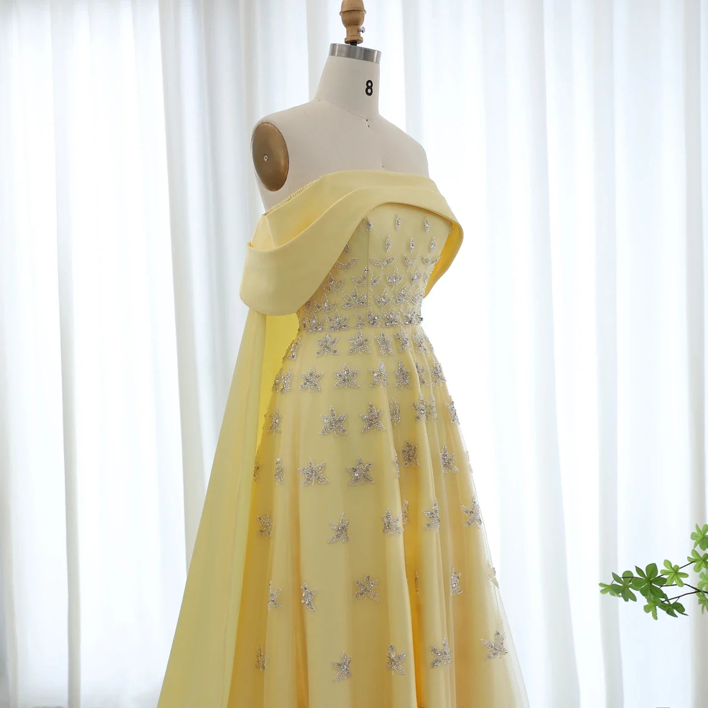 Yellow Satin Evening Gown with Cape