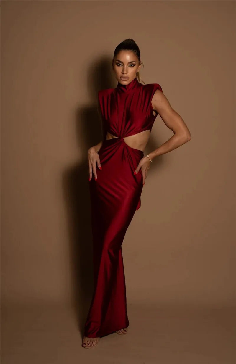 Hollow Out Turtleneck Solid Maxi Dress