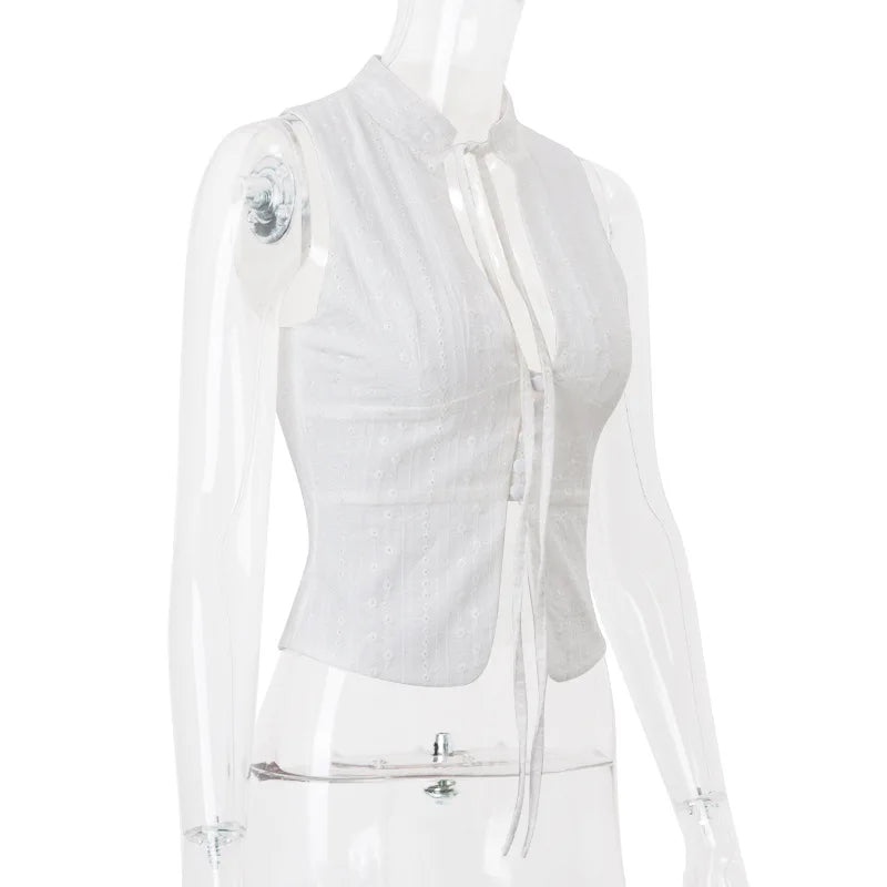 Tie Front Button White Cut Out Sleeveless Top