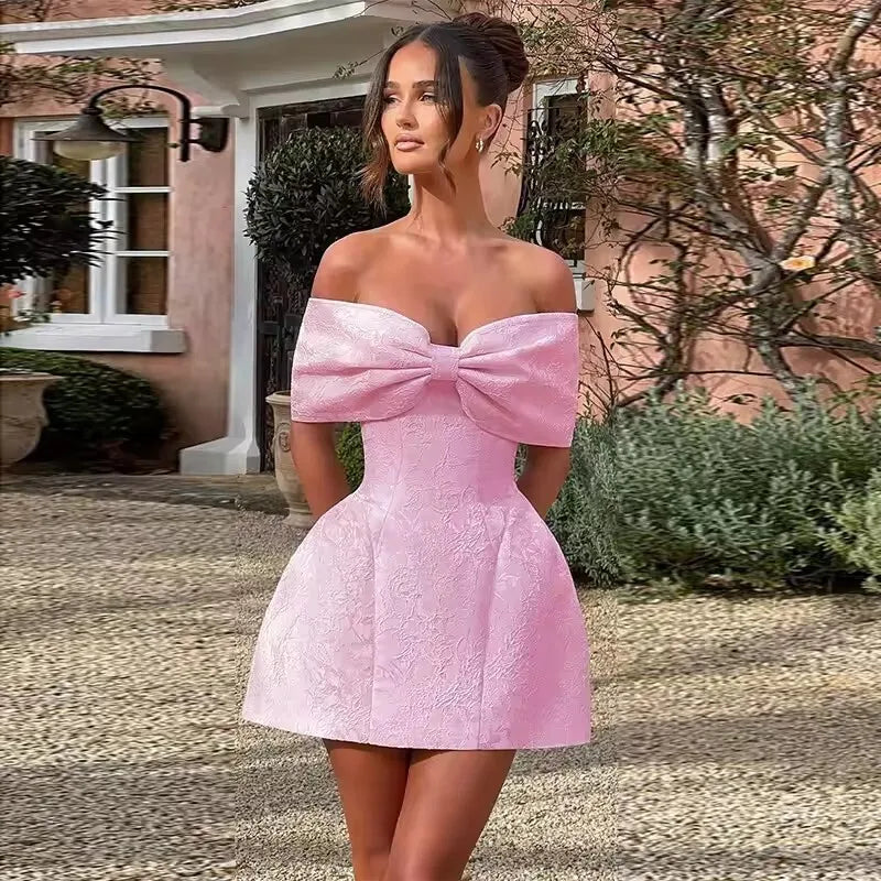 Bow Off Shoulder Backless A-line Jacquard Party Dress AmiEmi Bow Off Shoulder Backless A-line Jacquard Party Dress AmiEmi