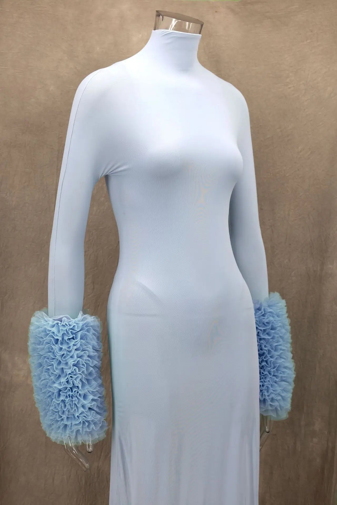 Ruffle Pleated Sleeve Blue Long Dress for Women