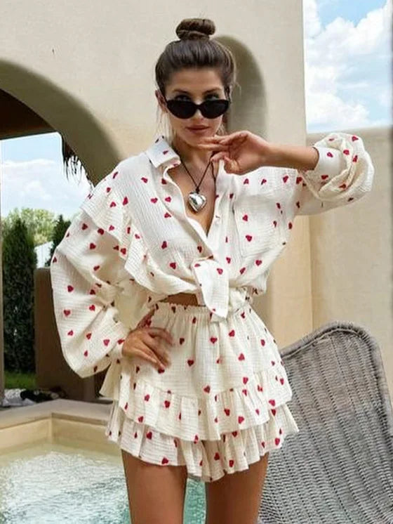 Ruffled Printed Long Sleeve Top and Shorts Sets