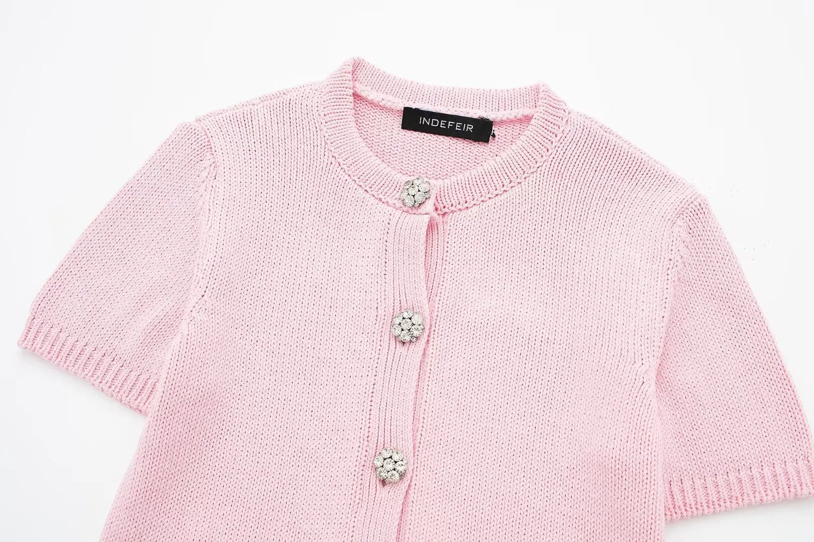 Women's Pink Short Sleeve Rhinestone Cardigan