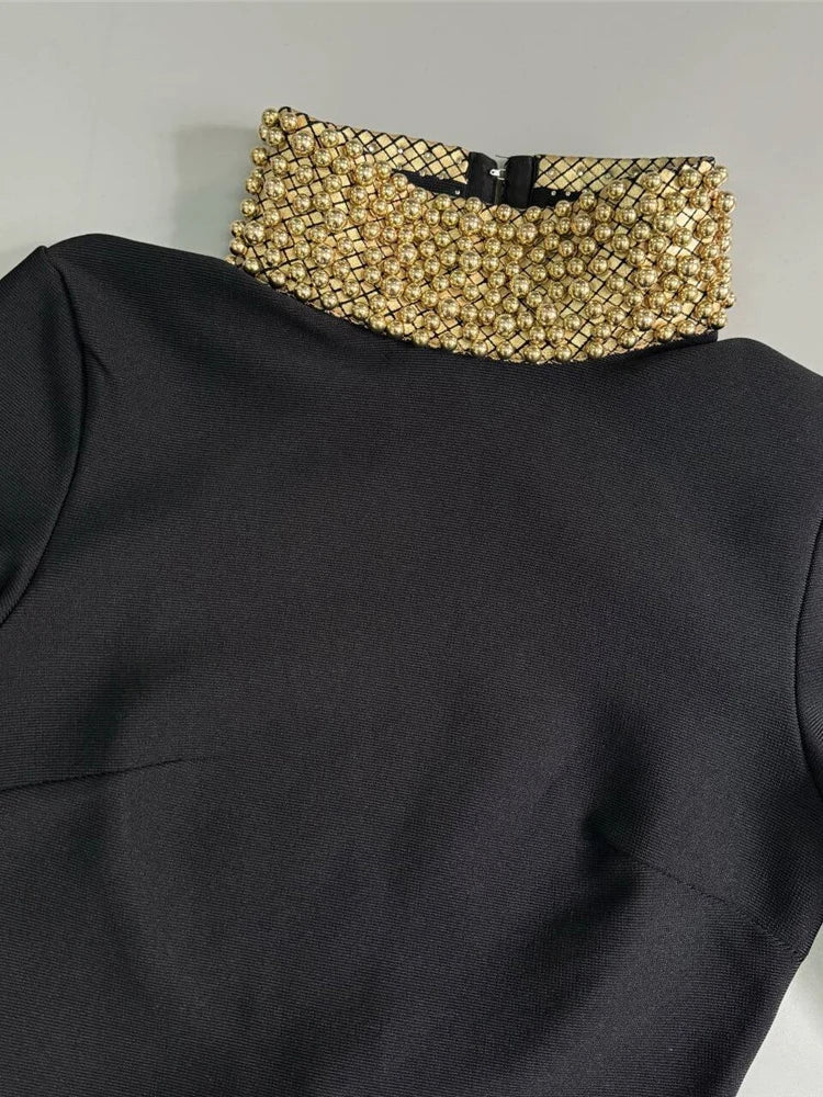 Turtleneck Gold Pearls Long Sleeve Dress