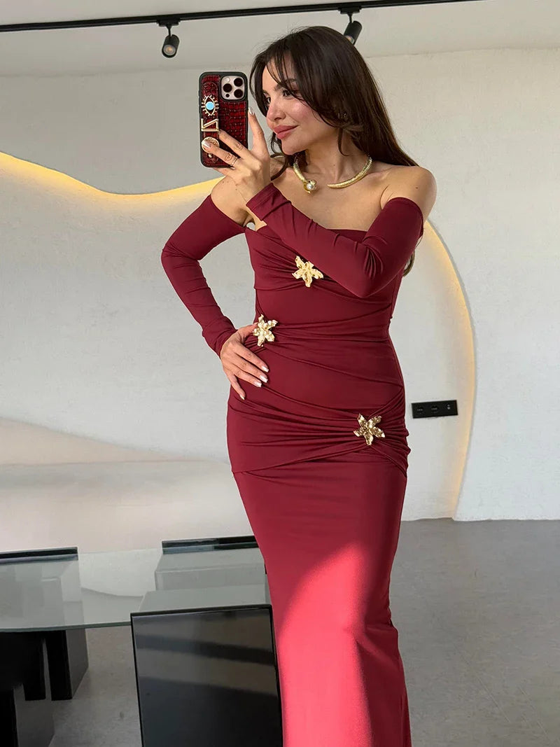 Metal Buckle Off-shoulder Backless Long Dress