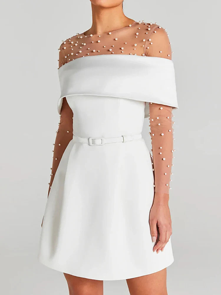 Belt Patchwork Short Sleeve Off The Shoulder Dress