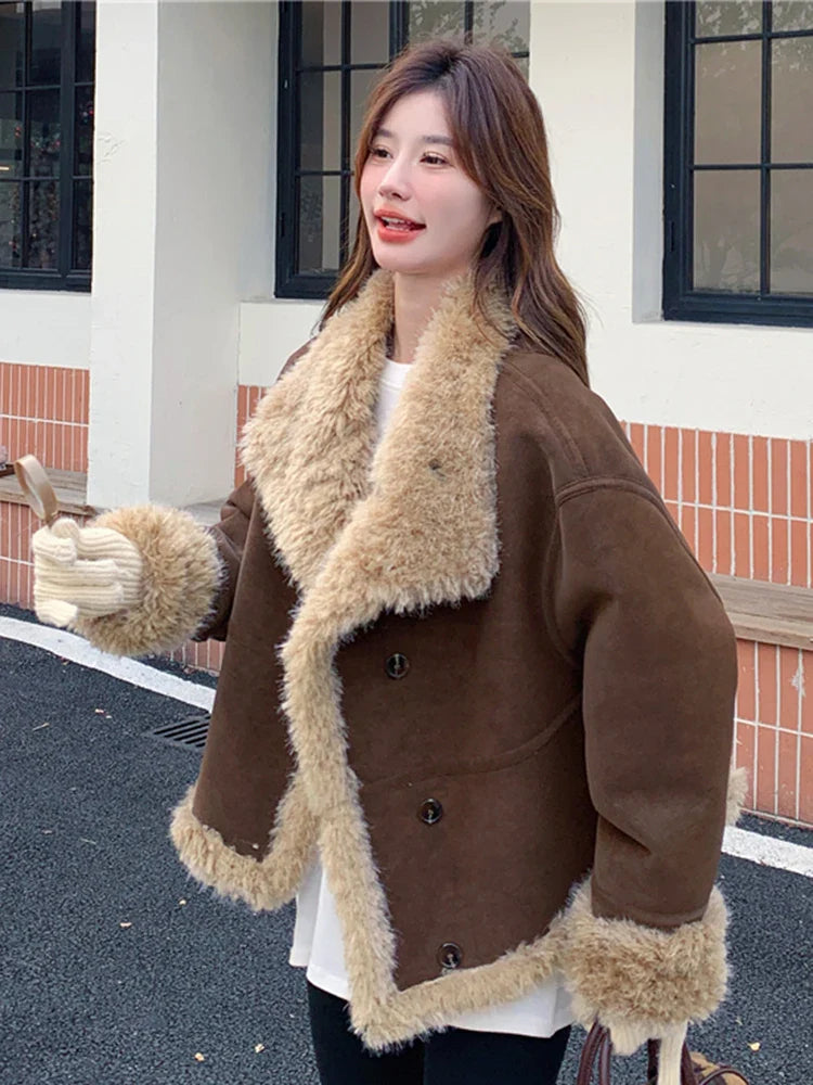Lapel Full Sleeves Spliced Faux Leather Coat