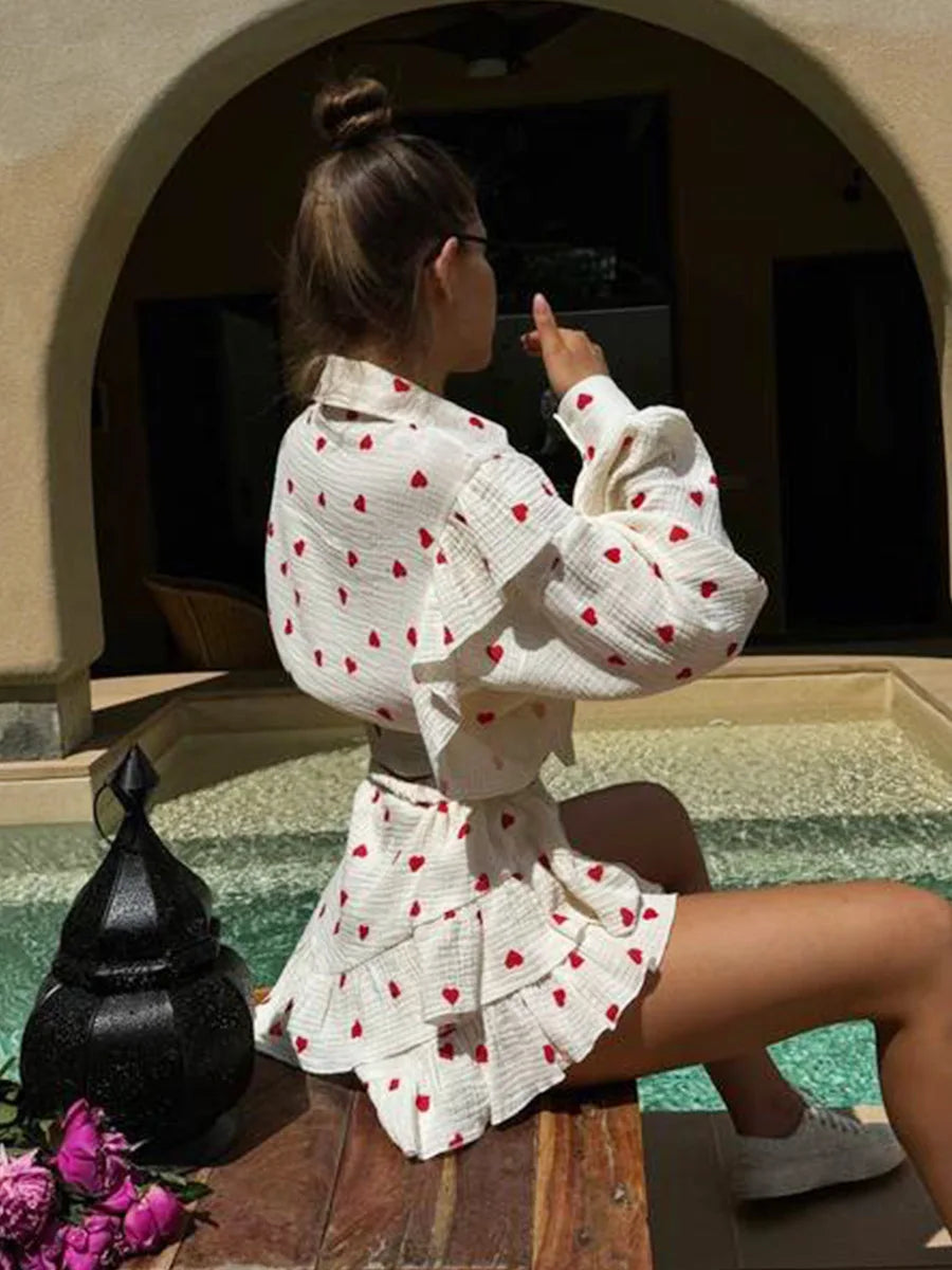 Ruffled Printed Long Sleeve Top and Shorts Sets