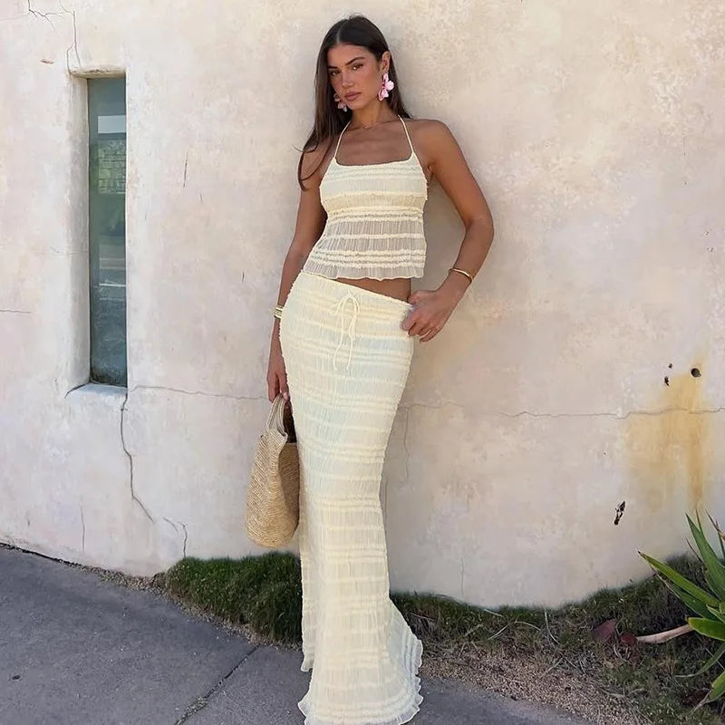 Chiffon Skirt Suit Spaghetti Strap Top and Long Skirt