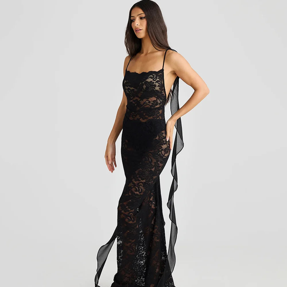 Lace Patchwork Backless Trailing Long Dress
