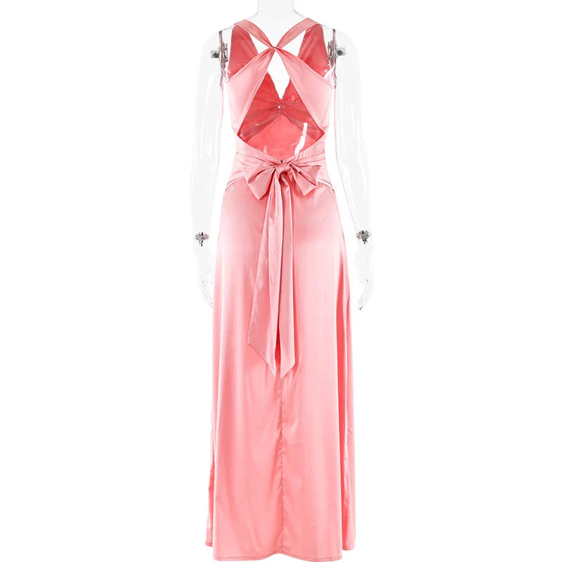 V Neck Sleeveless Satin Bow Backless Maxi Dress