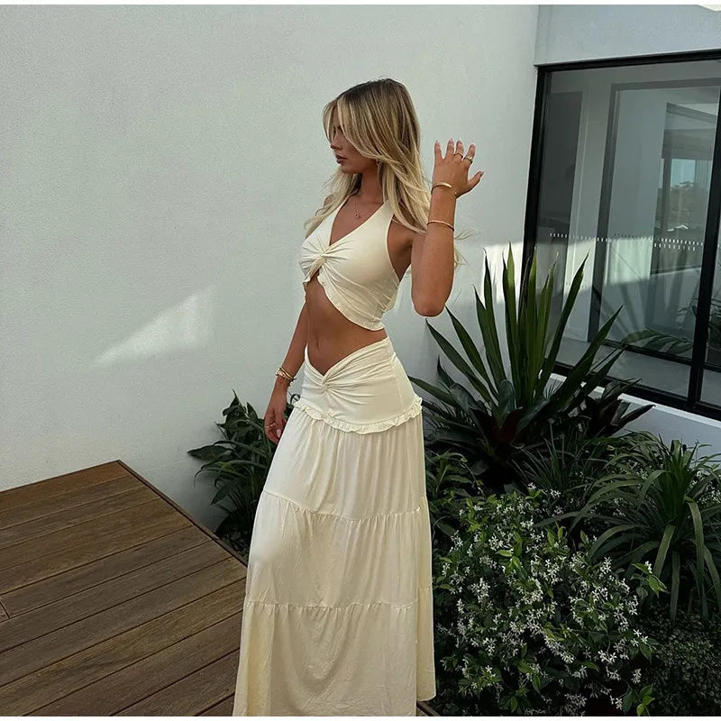 Halter Twist Crop Top and Pleated Long Skirt Suit