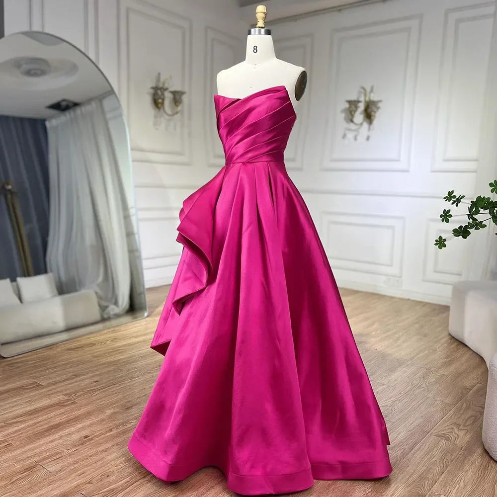 Fuchsia Satin Strapless Evening Prom Dress