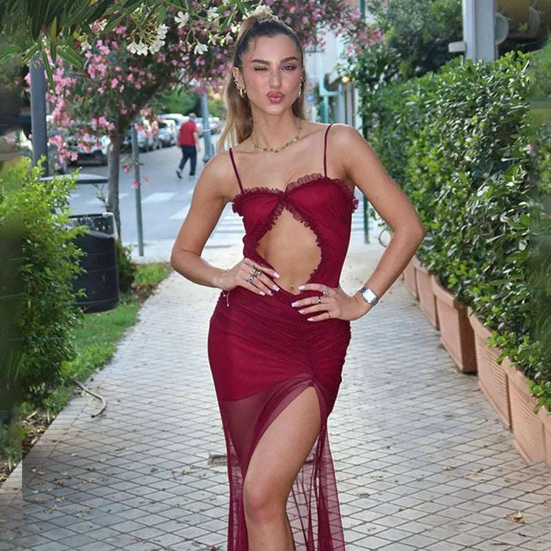 Mesh Patchwork Hollow Out Ruffled Long Dress