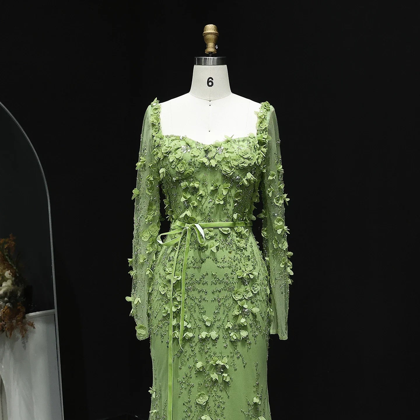 3D Floral Mermaid Evening Dress with Long Sheer Sleeves