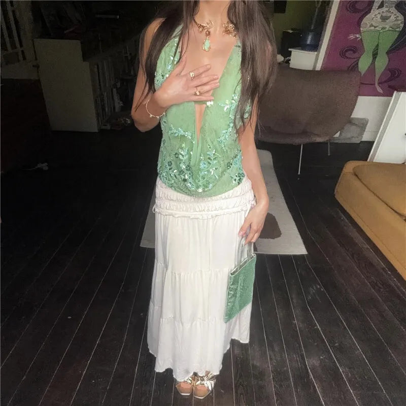 Glitter Deep V Neck Open Back Tank Top