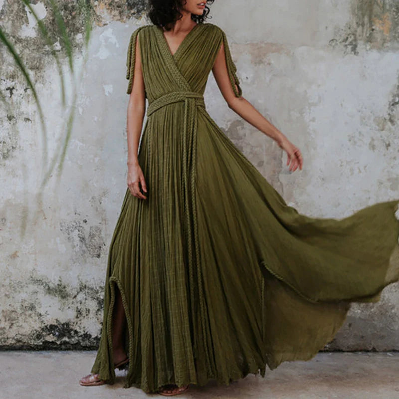 Solid Split Pleated Bandage Long Dress