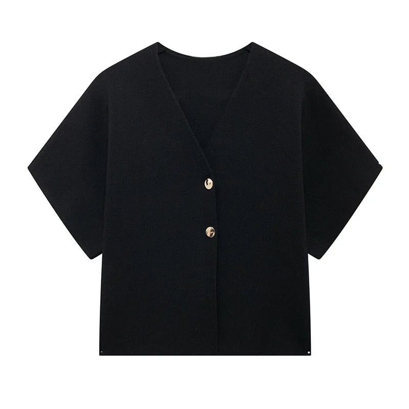Knitted Flat Pin V-Neck Solid Short Sleeved Tops