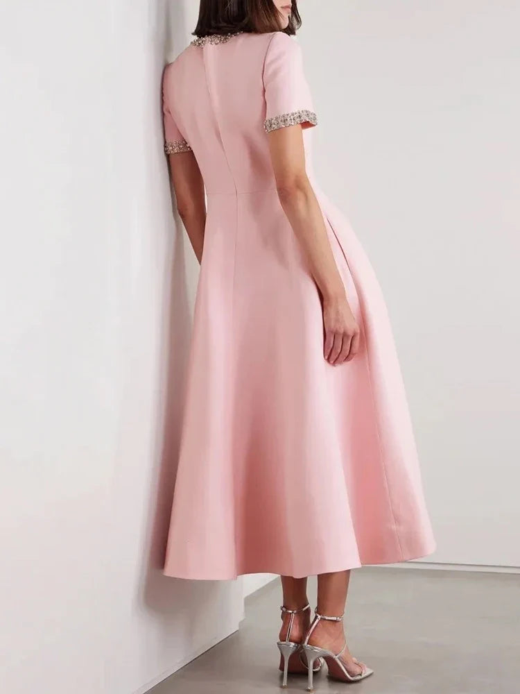 Diamond Edge Bowknot Short Sleeve Midi Dress