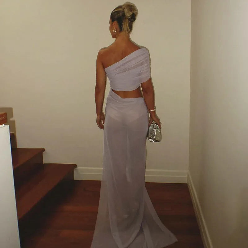 Mesh Backless One-Shoulder Long Dress