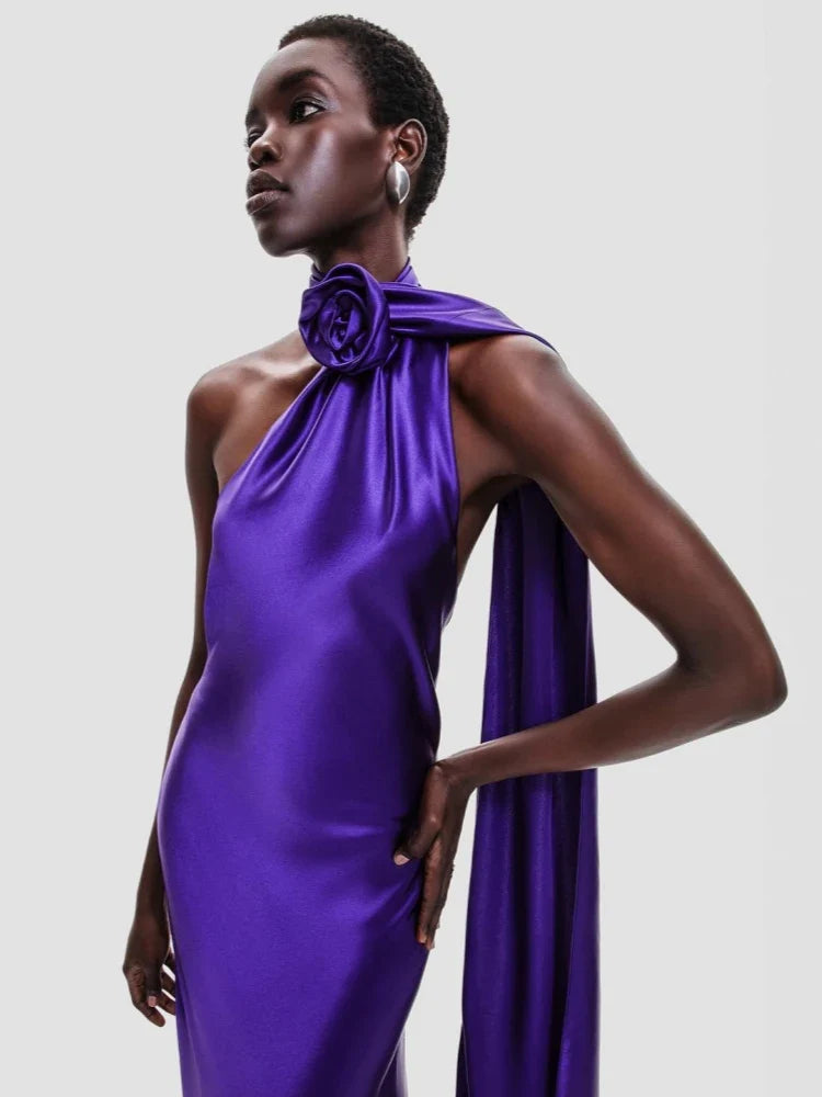 Purple Satin Halter Neck 3D Flower Scarf Maxi Dress