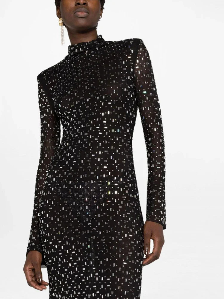 Turtleneck Long Sleeve Mesh Crystal Diamond Black Dress
