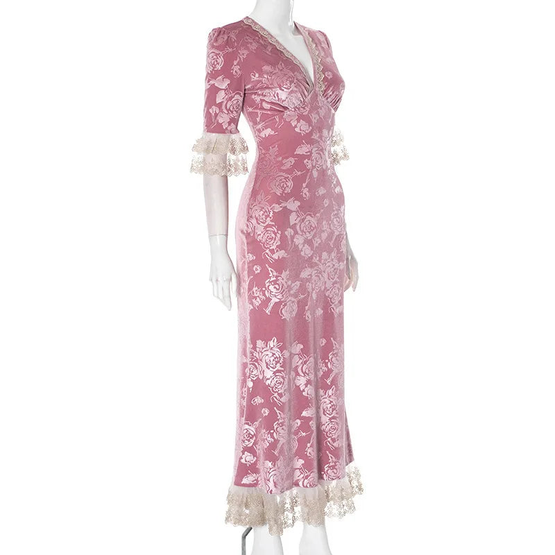 Patchwork Lace Short Sleeve Printed Floral Dress
