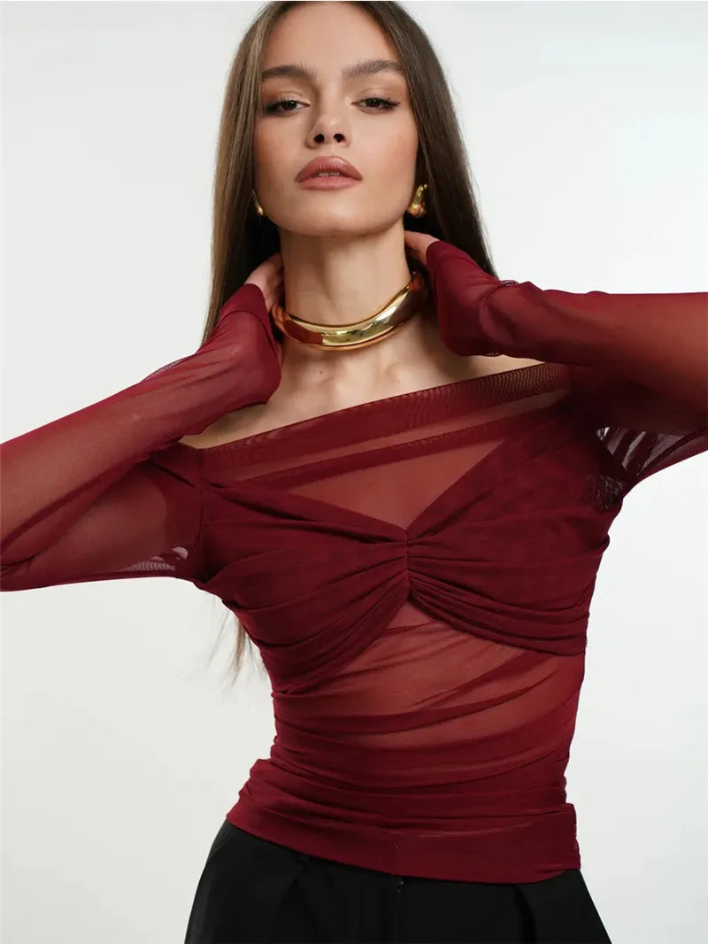 Mesh Off-shoulder Pleated Bust Strapless See Through Top