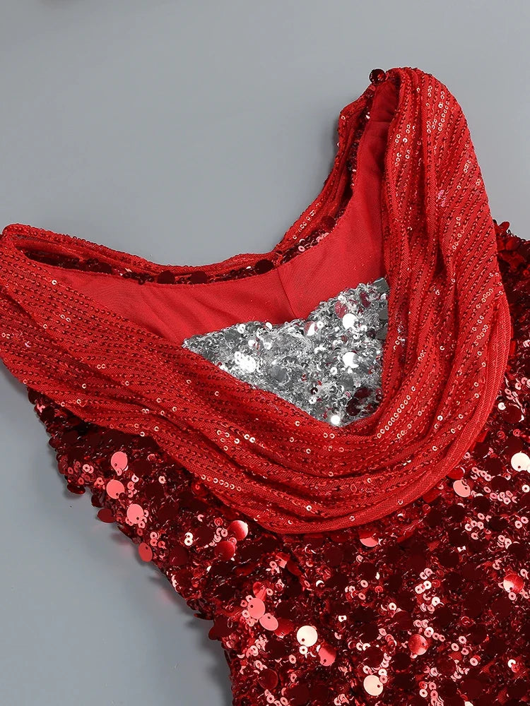 Swinging Neck Sequins Red Long Dress