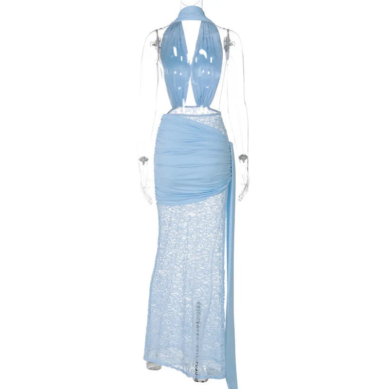 Halter Deep V Neck Lace Sleeveless Long Dress
