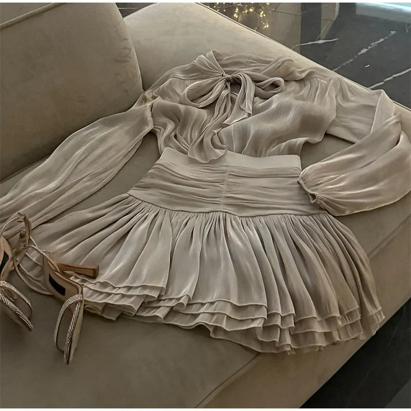 Long Lantern Sleeve Blouse and Pleated Skirt Suit