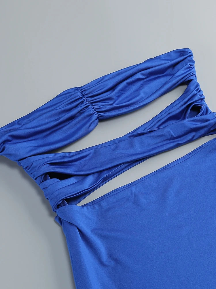 Hollow Out Diamonds Beaded Blue Dress