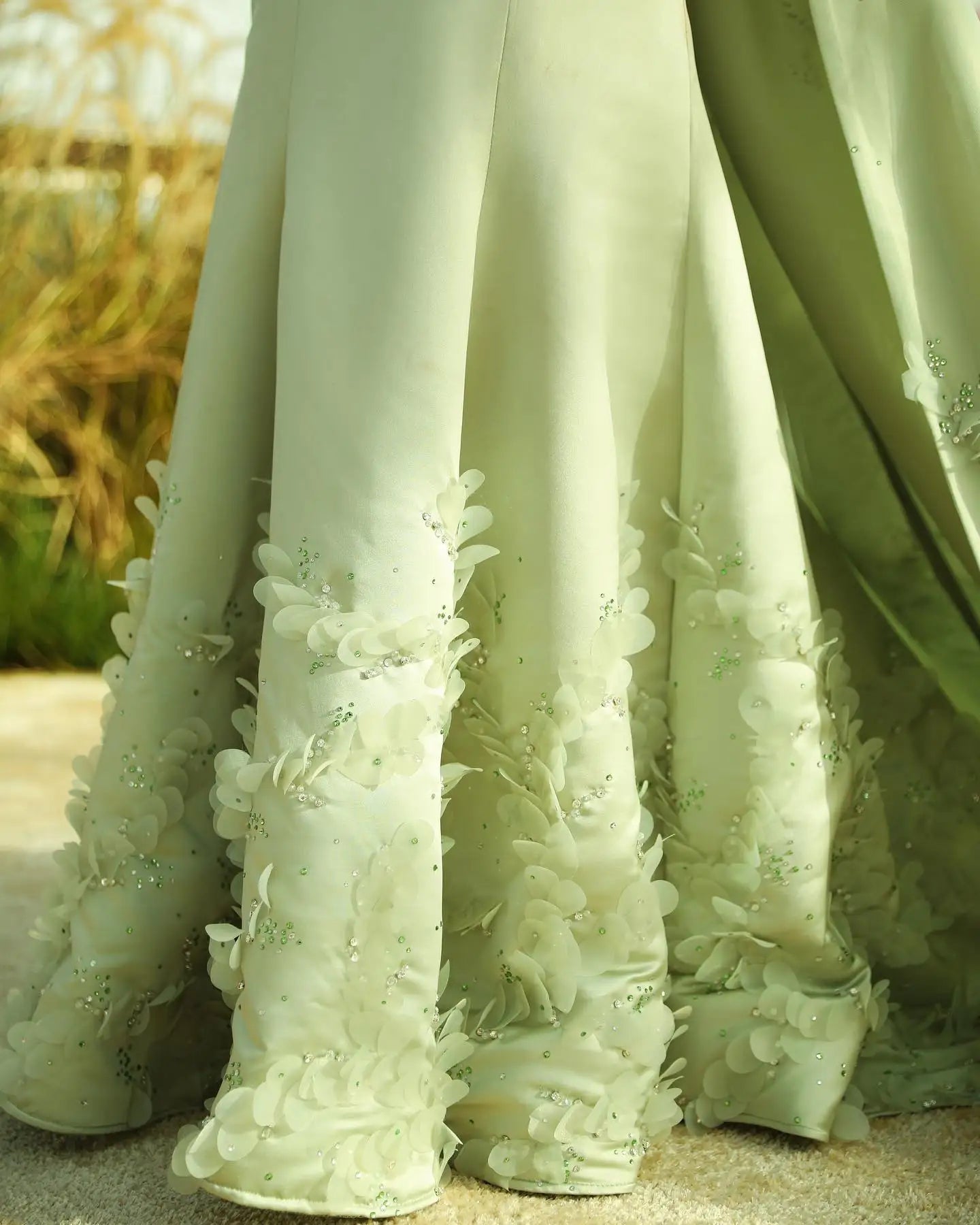 Crystal 3D flower Sage Green Satin Dress with Cape