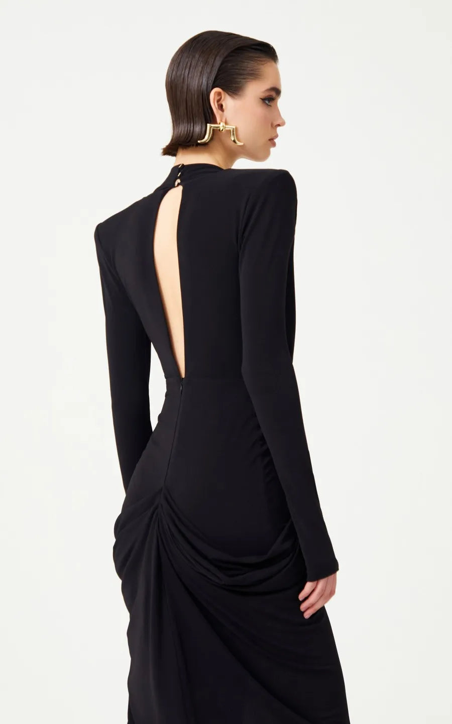 Deep V Neck Long Sleeves Black Maxi Dress  Party Gown