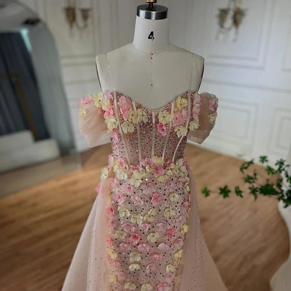 Beaded Off-shoulder Evening Gown with Overskirt