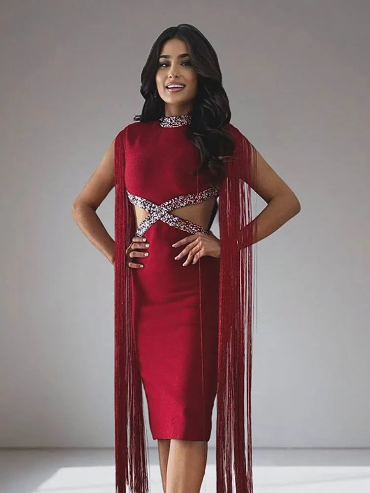 Fringe Sleeve Tassel Sequined Midi Dress
