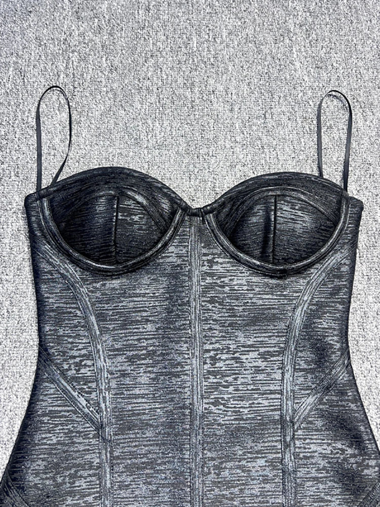 Strapless V-Neck Black Foil  Bandage Dress